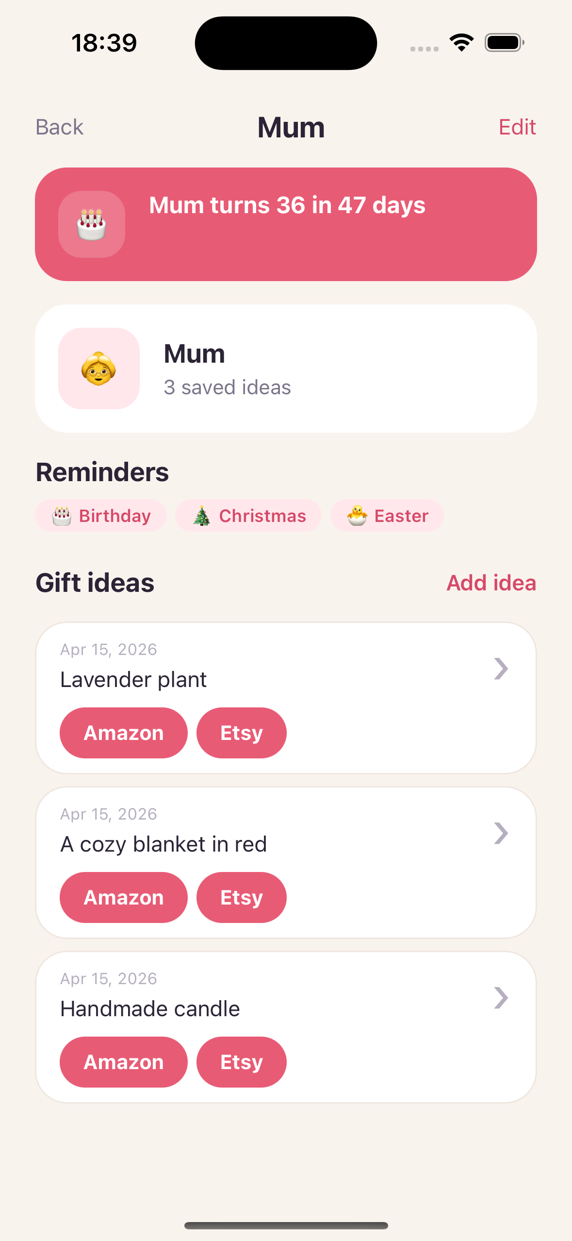 Gift Whisper person detail with gift ideas