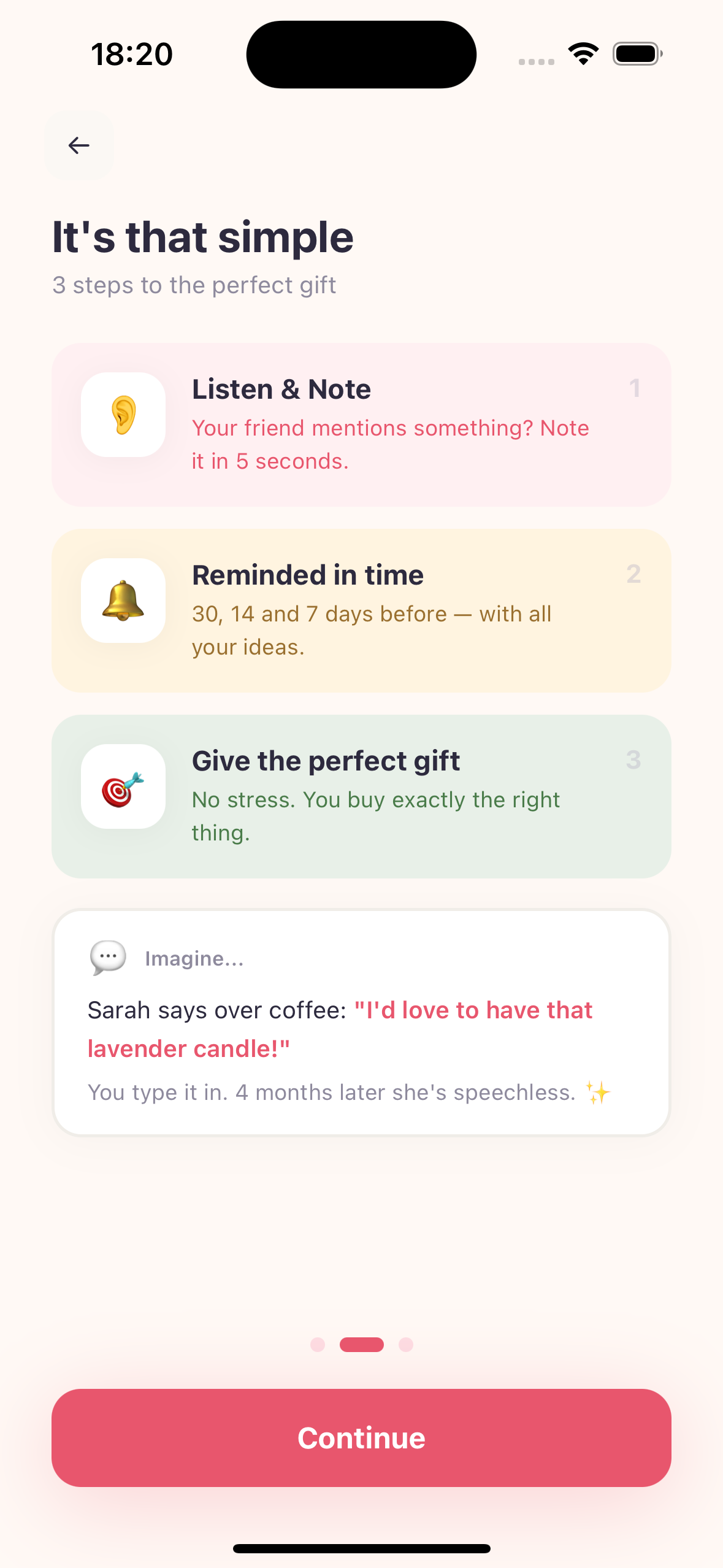 Gift Whisper onboarding explaining the three-step flow